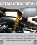 Pouring oil into engine with text about replacing drain plug washer kit for leak prevention