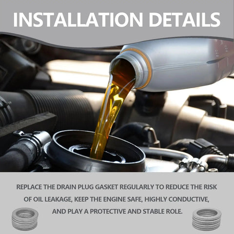 Pouring oil into engine with text about replacing drain plug washer kit for leak prevention