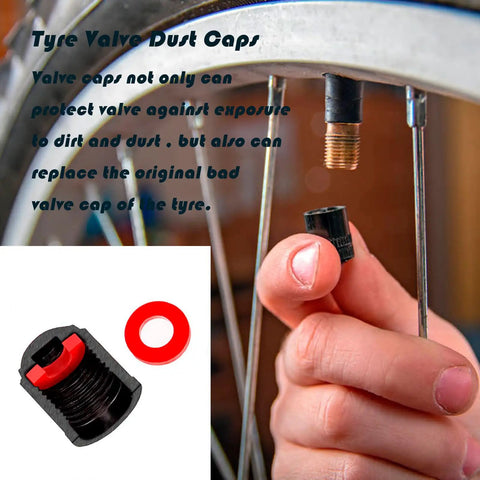 Hand installing Valve Stem Caps For Tires 200 Pack Black Plastic With Sealing Ring Universal Fit For Cars Bicycles Motorcycles Trucks