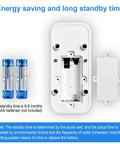 Wireless Water Leak Detectors With 90dB Alarm, battery compartment and AAA batteries shown, for kitchen, bathroom, or basement use