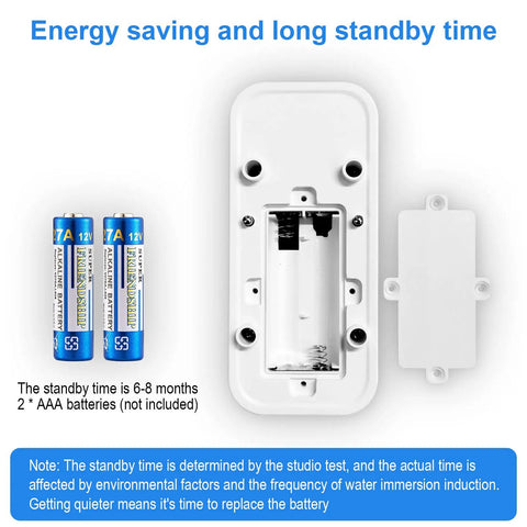 Battery compartment of Wireless Water Leak Detectors with 90dB Adjustable Alarm, shows space for two AAA batteries, cover removed