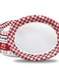 Kickin Vibes Red Gingham Oval Paper Plates 40 Count 10 X 12 Inch Heavy Duty Disposable plaid party platters with vibrant red design.