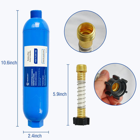 Two Pack RV Inline Water Filter System With Flexible Hose Protectors Cuts Bad Taste Odors Rust Chlorine Fluoride And Sediment