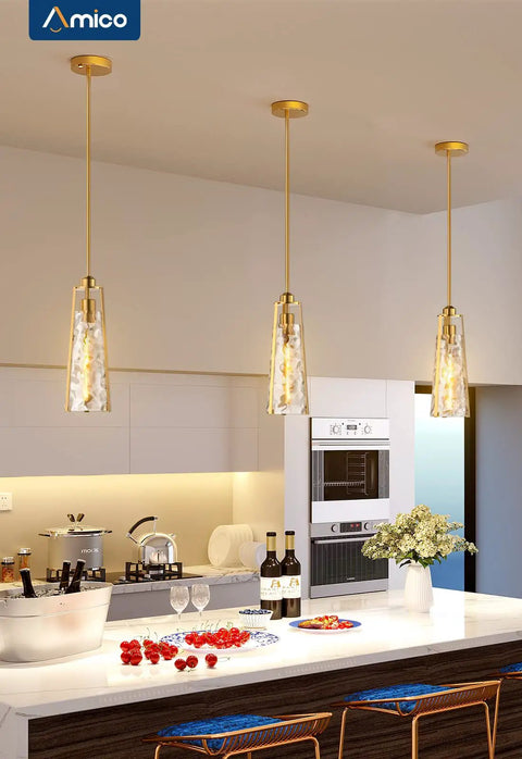 Modern Gold Pendant Lights With Clear Glass Shades Adjustable Hanging Fixtures For Kitchen Island And Living Room