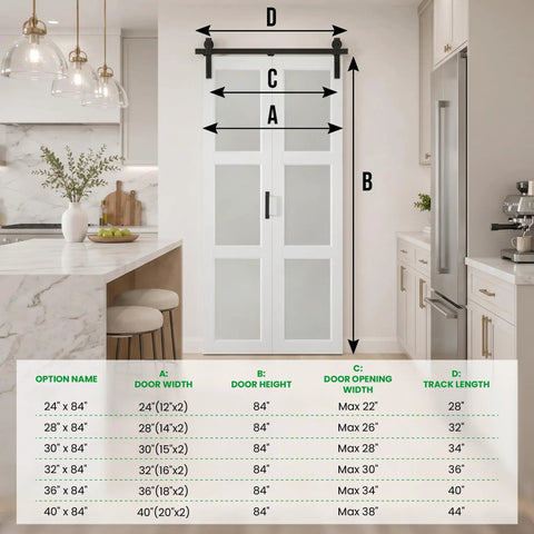 Slick Glide Double Bifold Barn Door With Complete Hardware Kit Eases Through Tight Squeezes As Interior Room Divider, 24x84 inch.