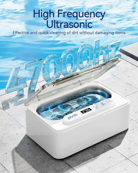 47KHz Ultrasonic Jewelry Cleaner with Three Cleaning Modes, open 12 oz stainless steel tank by poolside