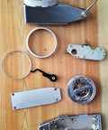 KHCRAFT dial test indicator components set, steel parts, disassembled with dial housing and two steel dovetail clamps