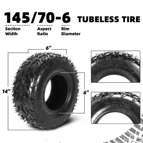 145/70-6 Tubeless Tire For ATV And Go Kart Mini Bikes, 4 Ply Load Up To 165 Lbs At 24 PSI with tread details