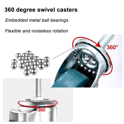 Close-up of a 360 degree swivel casters with embedded metal ball bearings for the Pack of 4 furniture casters (65 mm/75 mm) with brakes.
