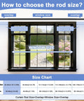 Size guide for Black Curtain Rod For Room Darkening 28 To 48 Inches Wrap Around with overlap and window size chart.