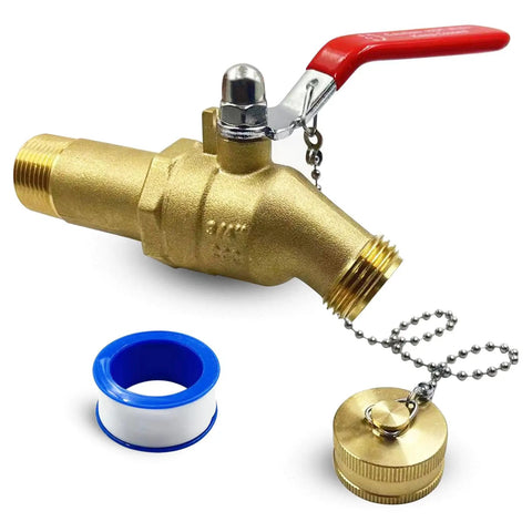 Fast Drain Water Heater Drain Valve Kit With Full Port 3/4 MIP To 3/4 GHT Connection, brass valve, red handle, chain and tape