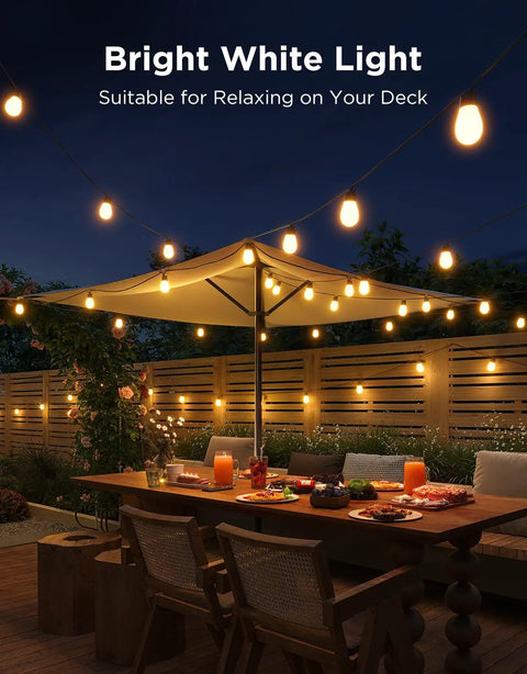 Lit Outdoor String Lights 96ft Dual Rope RGBIC LED Bulbs illuminating a patio dining area under a canopy at night