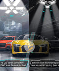 Comparison of Crazy Bright 200W LED Garage Lights showing 360-degree and 30-degree illumination zones over parked cars.