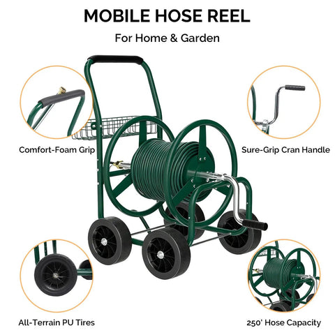 4 Wheel Garden Hose Reel Cart With Storage Basket Portable Hose Cart For Lawn Garden Backyard And Farm Easy Roll Design