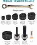 Includes ratchet wrench and dies for Manual Knockout Hole Punch Kit For Electrical Conduit One Half To Two Inch Heavy Duty Handheld Die Set