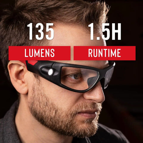 Man wearing Rechargeable Lighted Safety Glasses With Tilt-And-Twist Optic ANSI Z87 Approved Two Scratch-Resistant Lenses