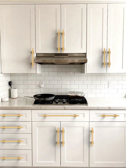 Champagne Bronze Cabinet Pulls 3 Inch 76mm 10 Pack Honey Bronze Kitchen Cupboard Handles installed on white cabinets