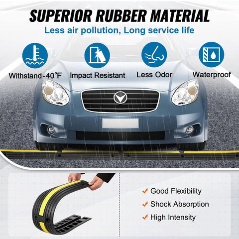 Car driving over 3.28 Foot Cable Protector Ramp 4 Pack One Channel Heavy Duty Rubber Wire Cover With 18000 Lbs Axle Capacity