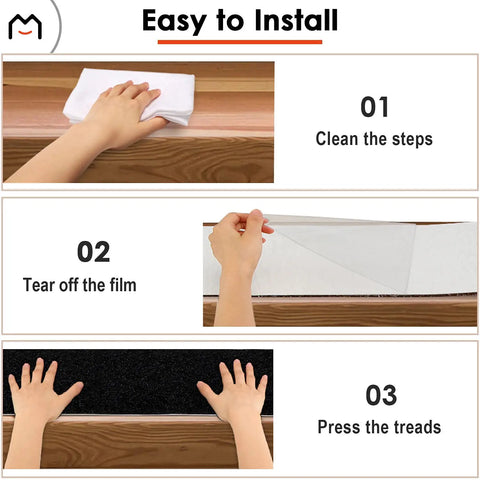 Easy installation process for Non Slip Stair Treads For Wood Steps Peel And Stick 8x30 Inch Runner Rug Black 15 Pack.