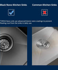 Comparison of black nano stainless steel kitchen sink with common sink showing rust resistance.