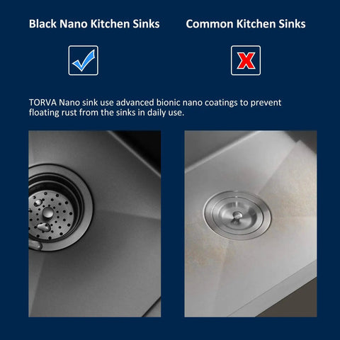 Comparison of black nano stainless steel kitchen sink with common sink showing rust resistance.