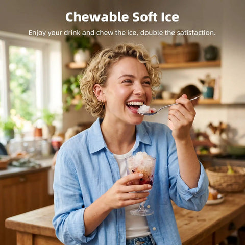 Woman enjoying soft chewable sonic ice from Nugget Ice Maker Countertop With Fast 8 Minute Ice, in a home kitchen setting.