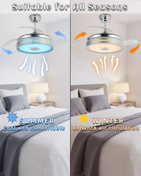 Retractable Ceiling Fan With Lights And Bluetooth Speaker, 42 Inch, showing summer cooling and winter air circulation modes.
