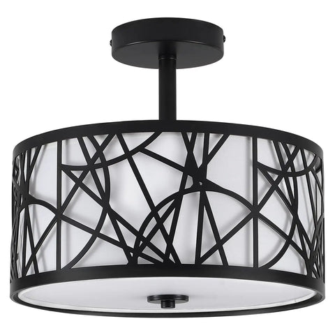 Black modern ceiling light fixture with abstract metal design, featuring a frosted white drum shade, suitable for contemporary interiors.