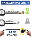 Comparison of 20 in and 15 in hose lengths for Heavy Duty Tire Inflator With Pressure Gauge And Extra Long Hose, Accurate Air Chuck For Cars And Trucks, 100 PSI Capacity, Durable Build For Quick Pro Grade Tire Inflation.