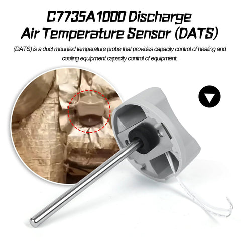 C7735A1000 discharge air temperature sensor with dual metal probes and white plastic housing.