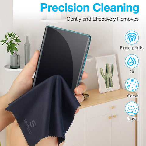 Using Alcohol Free Glasses Cleaner Kit with Plant Based Microfiber Cloths to clean a smartphone screen in a modern room