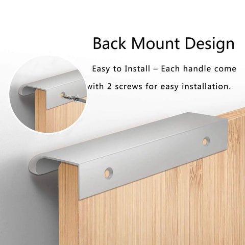Back Mount Finger Edge Pulls 80mm Aluminum Concealed Tab Handles for cabinets, shown installed on a wooden door for easy mounting.