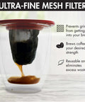 Portable Pour Over Coffee Maker With Reusable Fine Mesh Filter for a Single Cup brewing coffee in glass cup, red top