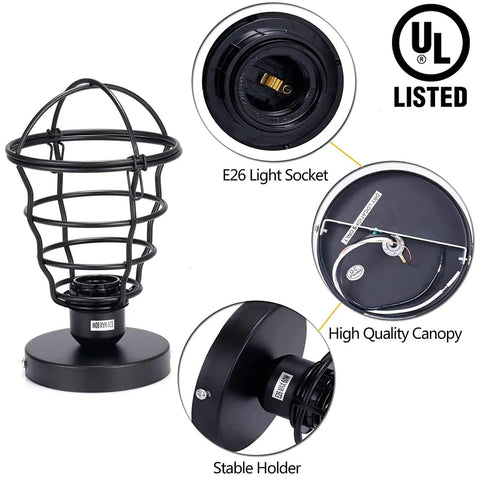 Vintage Industrial Black Metal Cage Ceiling Light Semi Flush Mount Fixture UL parts E26 socket and canopy details