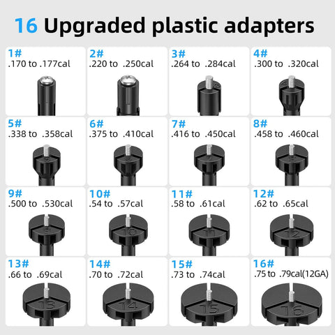 16 upgraded plastic adapters chart for Bright Red Laser Bore Sight Kit With Big Button Switch For 17 To 12 Gauge Caliber Dead On Targeting