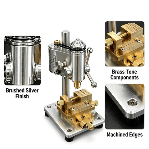 Mini Benchtop Drill Press With Variable Speed For Precision Watch Repair And Jewelry Making 0.01mm Accuracy detailed view with brushed silver finish and brass-tone components.