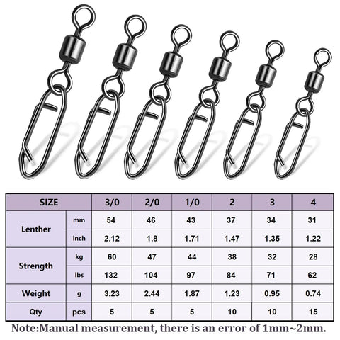 Heavy Duty Fishing Snap Swivels With Ball Bearing Speed Clips Stainless Steel Tackle Clips size chart, six sizes shown