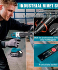 Upgrade Your Tool Kit With This Badass Brushless Cordless Rivet Gun in use on metal, features 3.0Ah battery and function panel.