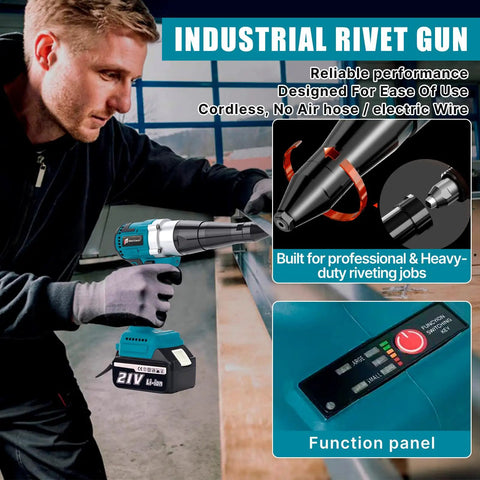 Upgrade Your Tool Kit With This Badass Brushless Cordless Rivet Gun in use on metal, features 3.0Ah battery and function panel.