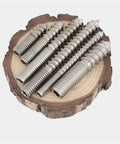 Heavy Duty Double Ended Stainless Steel Screws With Hex Socket Dual Threads Self Tapping Fasteners For Wood Furniture Assembly Quick Build Hardware Kit Of Two Hundred Pieces M10 X One Twenty arranged on a wooden surface.