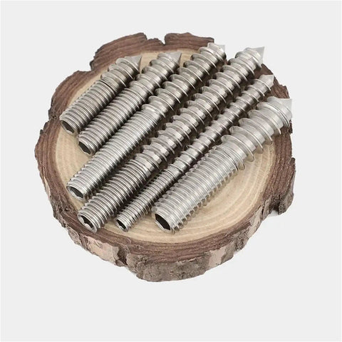 Heavy Duty Double Ended Stainless Steel Screws With Hex Socket Dual Threads Self Tapping Fasteners For Wood Furniture Assembly Quick Build Hardware Kit Of Two Hundred Pieces M10 X One Twenty arranged on a wooden surface.