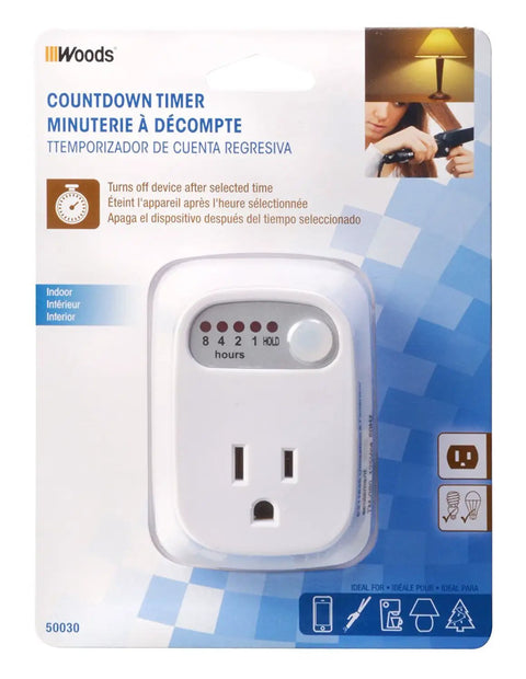 Indoor Auto Shut Off Power Timer For Curling Irons And Hair Straighteners Countdown Safety Outlet Push Button Settings 8 4 2 1 Hours Or Hold Conserves Energy Works With Lights Lamps Phones Coffee Pots UL Listed 125V packaged view