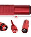 Detailed view of EU2200i Generator No Mess Oil Change Funnel with dimensions and knurled grip in red aluminum.