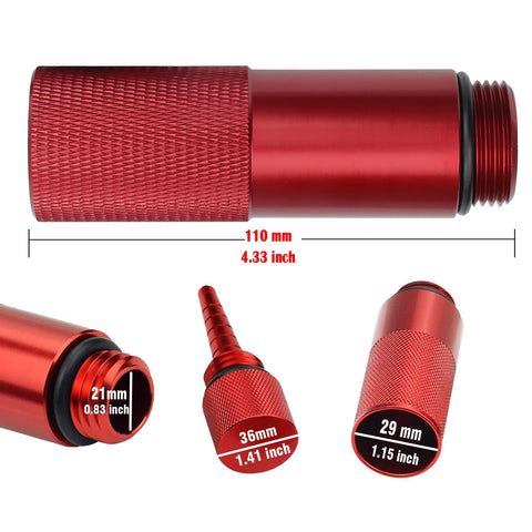Detailed view of EU2200i Generator No Mess Oil Change Funnel with dimensions and knurled grip in red aluminum.