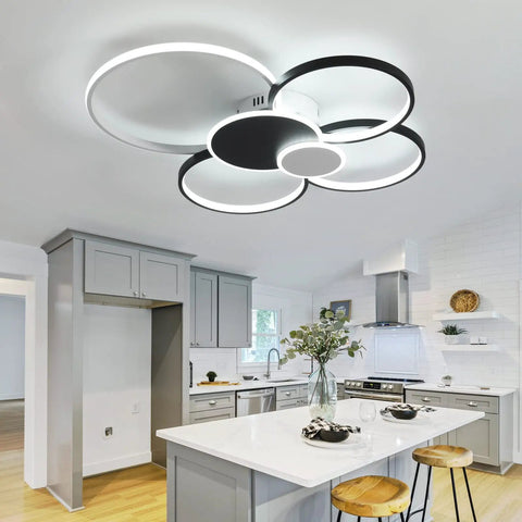 6 Ring Black LED Ceiling Light Fixture With Remote Control 60W Dimmable Flush Mount Chandelier in modern kitchen setting