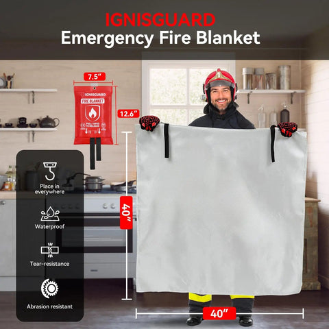 Person holding 4 Pack 40x40 Inch Fiberglass Fire Blankets With 1 Pair Fire Resistant Gloves And 4 Hooks, displayed in a kitchen.