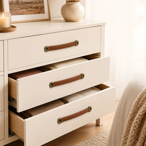 4 Pack Leather Drawer Pulls With Mounting Screws Brown Leather Handles With Zinc Alloy Hardware on white dresser