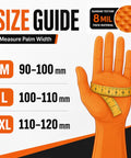 Size guide for Rock Solid 8 Mil Orange Nitrile Work Gloves 100 Pack Medium Chemical Resistant Disposables with measurements.