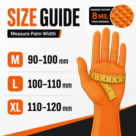 Size guide for Rock Solid 8 Mil Orange Nitrile Work Gloves 100 Pack Medium Chemical Resistant Disposables with measurements.