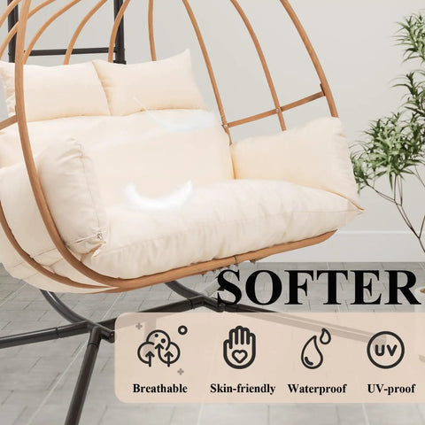 Oversized Two Person Egg Swing Chair With Stand Cozy Cushions Beige Outdoor Indoor Swing Chair For Balcony Porch Garden Patio Hangout Weather Resistant Frame And Removable Cushions displaying soft beige cushions and stand.